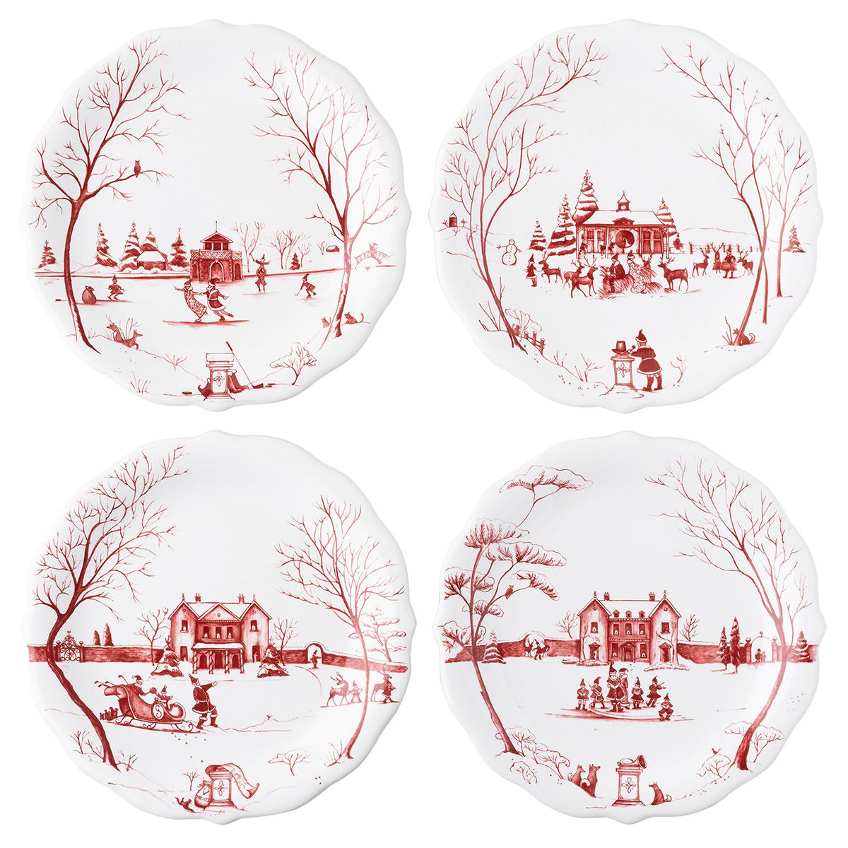 Country Estate Winter Frolic "Mr. & Mrs. Claus" Ruby Party Plates - Set of 4