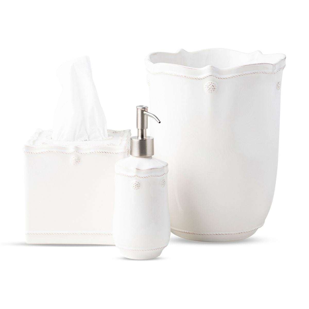 Berry & Thread Whitewash 
3pc Bath Essentials Set 
Soap/Lotion Dispenser, Tissue Box Cover, & Wastebasket