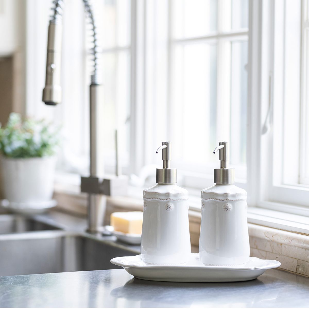 Berry & Thread Whitewash 
3pc Kitchen Essentials Set 
(2) Soap/Lotion Dispenser & Tray
